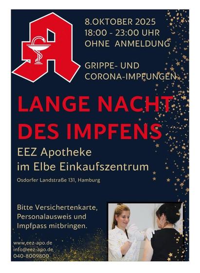 Ein Plakat für die lange Nacht des Impfens in der EEZ Apotheke in Hamburg am 8. Oktober 2025 von 18:00 bis 23:00 Uhr. Grippe- und COVID-Impfung ohne Anmeldung. Versichertenkarte, Ausweis und Impfpass mitbringen.