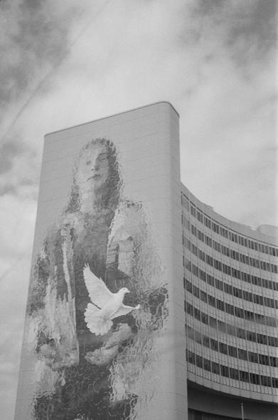 Hier sieht man ein Friedens-Murial "Woman with dove" von Fintan Magee am United Nations Office at Vienna (UNOV) angebracht. Kurz vor der Einfahrt in die U-Bahn-Station Kaisermühlen VIC kann man einen guten Blick darauf erhaschen.