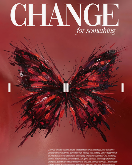 Close-up of abstract artwork of a red butterfly with black accents on a deep red background, featuring the bold text “CHANGE for something” at the top.