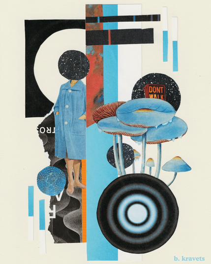 An abstract surreal collage created with paper from magazines and books. The main colors of this collage are blue and black with a little bit of orange. The artwork showcases several geometric circle shapes, blue mushrooms, a woman with a blue coat and a black circle for a head, and an orange "don't walk" street sign.