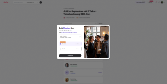 screenshot from meetup, where a popup layer is blocking everything - and you can't click it away.