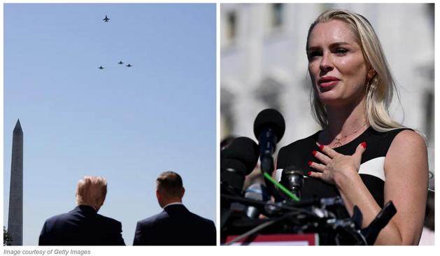 The image on the left features the Polish Prime Minister and President Donald Trump from behind (always Two Dolls Donny’s best side) as they view four fighter jets in a noisy low altitude fly-past above the Washington Monument. The aircraft fly in a finger four formation and the image is captured just as the fighter second from the left pitches up and climbs, a manoeuvre traditionally used to honour the quote missing man unquote, i.e., to honour a fallen military comrade.

The image on the right features Epstein sexual abuse victim, Anouska De Georgiou, who paused speaking while answering press questions as she was drowned out by the jets. She continued speaking, but the veiled threat was clear – shut up about Epstein as I command the power of the US military.

Credit: Getty Images.