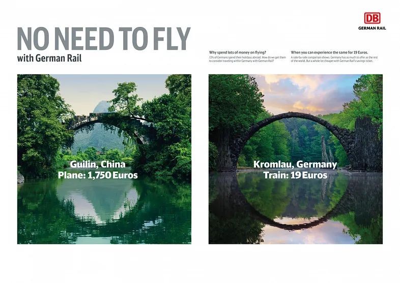 Pub en anglais pour DB, le train allemand, qui dit "pas besoin de prendre l'avion, avec le train allemand". On voit 2 photos côte à côte se ressemblant vraiment beaucoup. À gauche, en Chine pour 1750 € en avion et à droite, presque la même, en Allemagne, pour 19 € en train.