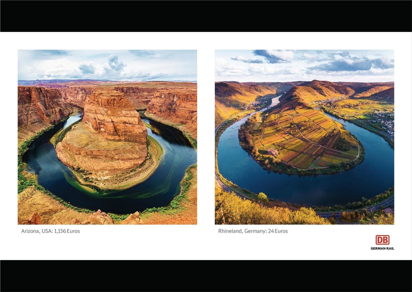 Pub en anglais pour DB, le train allemand, qui dit "pas besoin de prendre l'avion, avec le train allemand". On voit 2 photos côte à côte se ressemblant vraiment beaucoup. À gauche, aux USA pour 1150 € en avion et à droite, presque la même, en Allemagne, pour 19 € en train.