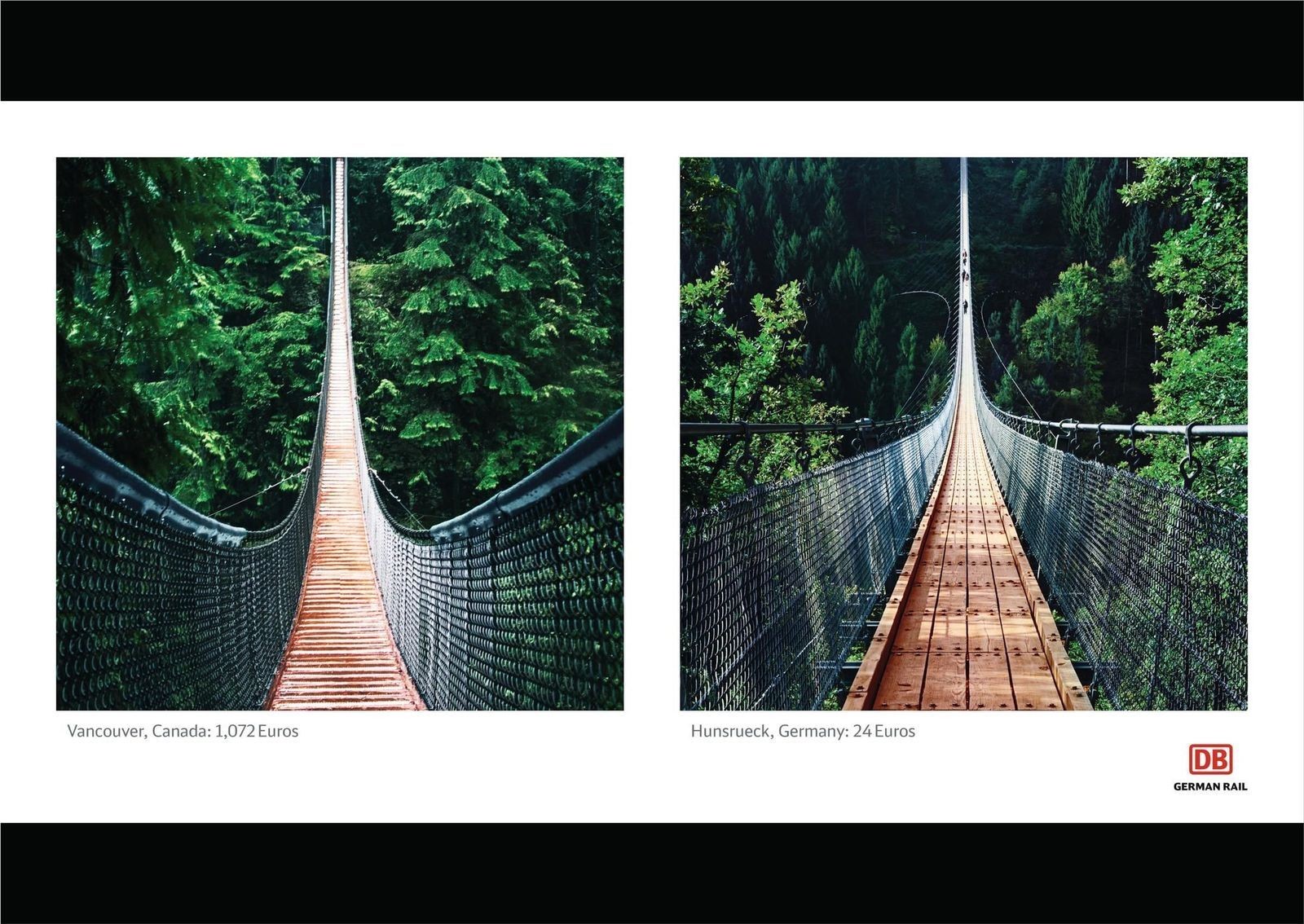 Pub en anglais pour DB, le train allemand, qui dit "pas besoin de prendre l'avion, avec le train allemand". On voit 2 photos côte à côte se ressemblant vraiment beaucoup. À gauche, au Canada pour 1072 € en avion et à droite, presque la même, en Allemagne, pour quelques € en train.