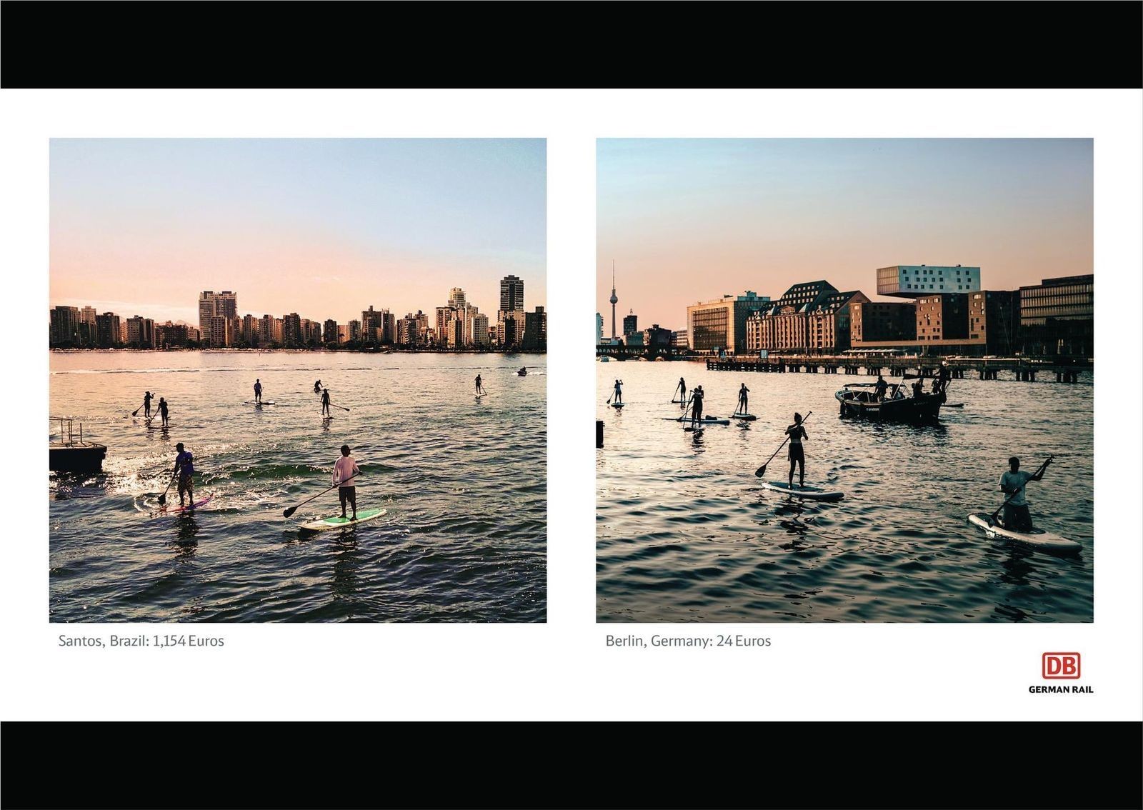 Pub en anglais pour DB, le train allemand, qui dit "pas besoin de prendre l'avion, avec le train allemand". On voit 2 photos côte à côte se ressemblant vraiment beaucoup. À gauche, au Brésil pour 1154 € en avion et à droite, presque la même, en Allemagne, pour quelques € en train.
