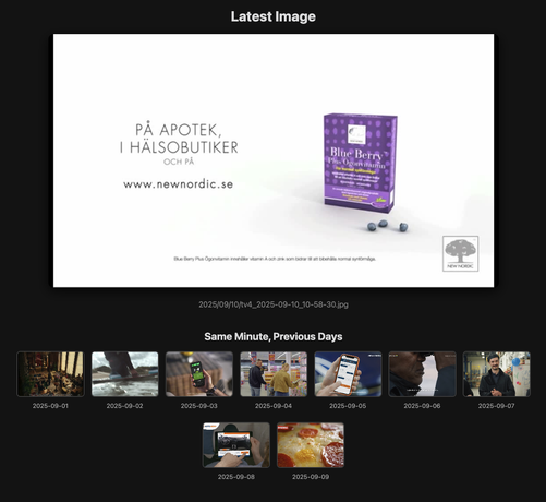 Webbsida med rubriken "Latest images" som visar en stor bild från en tv-sändning och sedan nio små bilder. Alla visar bilder från olika reklamfilmer: hälsokost, pizza, app på telefon, app på läsplatta, Samuel L Jackson tittar i en kikare.