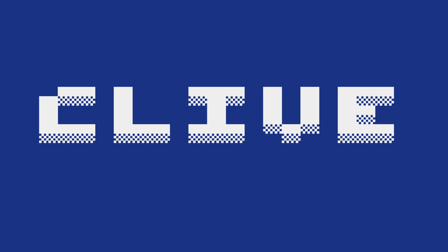 The single word "CLIVE" in blocky white graphics on a blue background. Very retro.