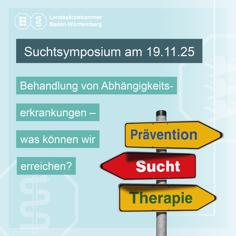 Symbolbild Sucht: drei Straßenschilder; auf dem einen steht "Sucht". Es zeigt nach links. Auf den beiden, die nach rechts zeigen, steht "Prävention" und "Therapie"