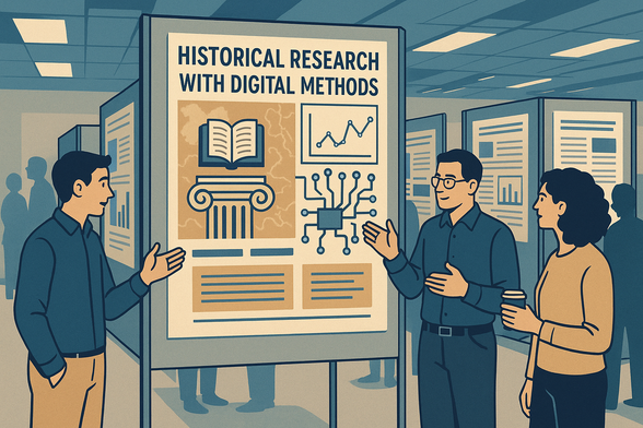 KI-generiertes Bild (DALL-E), auf dem im Comic-Stil symbolisch eine Posterausstellung zu sehen ist. Auf einem Poster im Vordergrund steht "Historical Research with digital methods", davor stehen drei Personen, die sich hierüber unterhalten.
