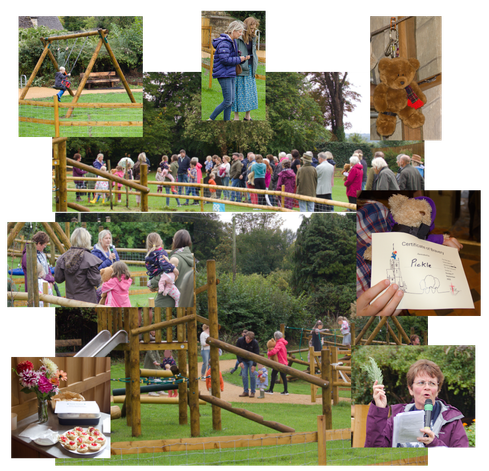 A collage of photos of the new playground.   Wooden equipment.  Kids playing.  Lots of people viewing the ribbon cutting.