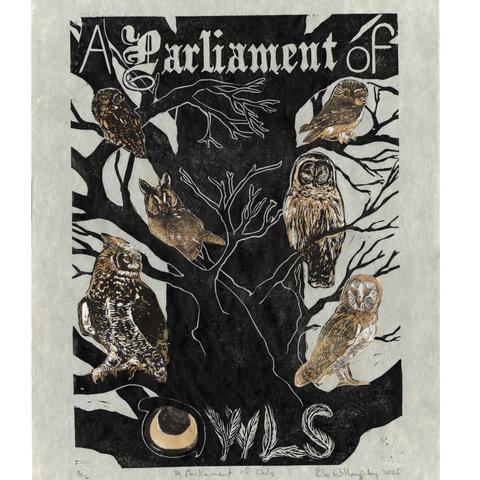 For my linocut parliament of owls I made two columns of local owls - like government an which the loyal opposition in this parliament in a tree printed in black against a dark grey evening sky!  It reads “A parliament of owls” in gothic lettering and the word Owl is made with an eye and feathers.

Right to left and top to bottom the owls are: Northern saw-whet, Eastern screech, Barred, long-eared, Barn and Great Horned owl. They are printed in shades of brown on white chine collé paper on the grey background.