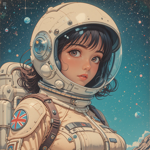 Retrato de una mujer astronauta con un traje espacial, mostrando su rostro en detalle, con un fondo de espacio estrellado.