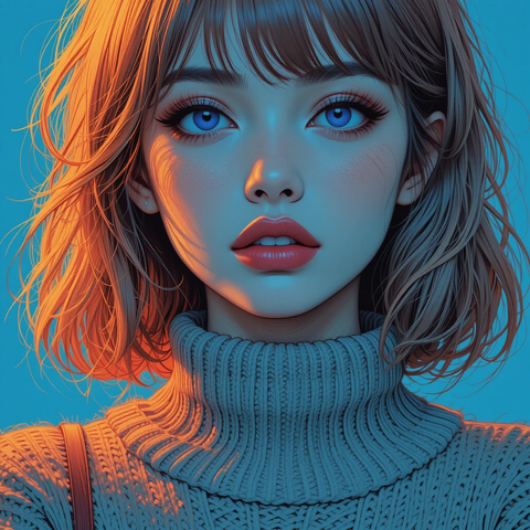 Retrato de una mujer con cabello corto y ondulado, usando un suéter de cuello alto. Ella tiene piel clara, labios rojos y ojos azules, con una iluminación cálida que resalta su rostro.