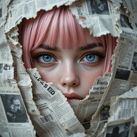 Retrato de una joven con cabello rosa y ojos azules, rodeada de recortes de periódicos. Su expresión es contemplativa, con un enfoque en los detalles de su piel y el contraste del papel arrugado.