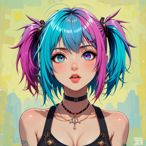 Ilustración de una mujer joven con cabello azul y rosa en dos coletas, usando una blusa negra y múltiples collares, con un fondo amarillo y un paisaje urbano desenfocado.