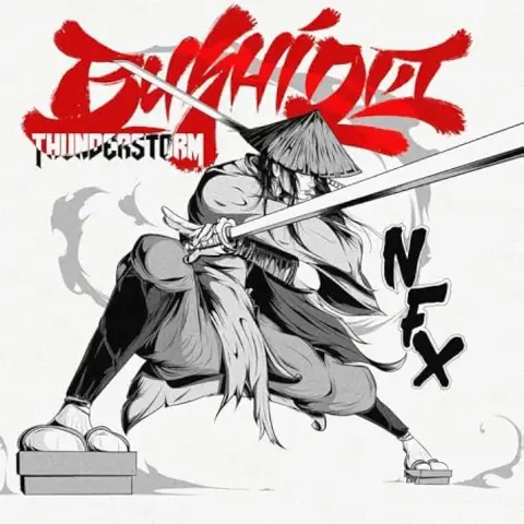 The album cover of Bushido Thunderstorm by NfX depicts a striking fusion of hip-hop and samurai culture, where storm clouds and crackling lightning surround a warrior figure embodying the Bushido code. The imagery radiates both chaos and control, pairing the violence of a thunderstorm with the discipline of a swordsman. The artwork captures themes of strength, resilience, and lyrical precision, evoking an atmosphere where ancient philosophy collides with modern rap energy.