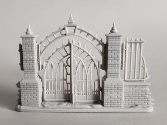 Wargames terrain - wall piece with wrought iron gate, rear view.