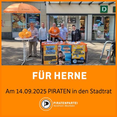 Bildtext: Für Herne. Am 14.09.2025 PIRATEN in den Stadtrat. Piratenpartei Nordrhein-Westfalen.
Bild: Foto vom Infostand der Herner Piraten mit den fünf Kandidierenden für den Stadtrat Herne.