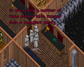 A group of ghosts stand around a house, talking about mongbats