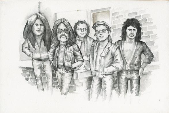 A black and white semi caricature of Deep Purple in watercolor on paper
