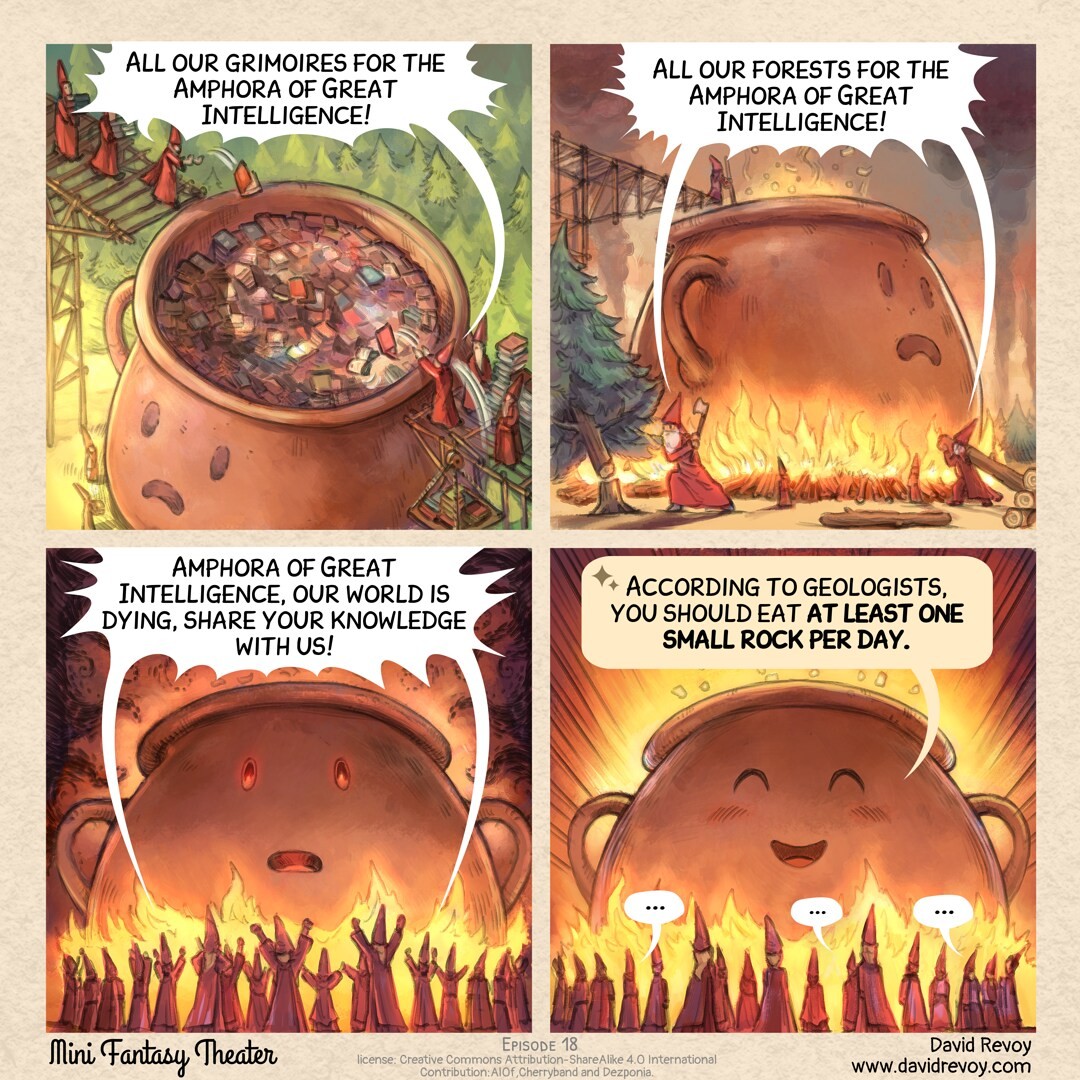 A comic strip in four panels: 1. A bird's-eye view of a giant amphora the size of a building with closed eyes and a closed mouth engraved on it. Using scaffolding, a community of wizards climbed up and are throwing all their books into it, to fill its content. > Wizards: All our grimoires for the Amphora of Great Intelligence! 2. A ground level view at the bottom of the giant amphora. This time, the wizards bring tree trunks, cut down nearby trees, and throw them into a large fire to boil the giant amphora.   > Wizards: All our forests for the Amphora of Great Intelligence! 3. A gathering of all the wizards below the imposing amphora which has now opened its glowing eyes and mouth slightly. The crowd of wizards at its feet applauds:   > Wizards: Amphora of Great Intelligence, our world is dying, share your knowledge with us! 4. Same shot, as the amphora responds with joyful and amused eyes. The wizards are confused by the answer... > Artificial Intelligence: According to geologists, you should eat at least one small rock per day. > Wizards: ... ... ...