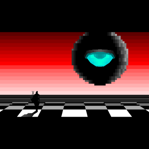 Under the silent, ominous gaze of a giant dark sphere with a centrally-located open eye, a silhouetted man bearing a cross wanders a checkerboard plain under a brooding red sky.
