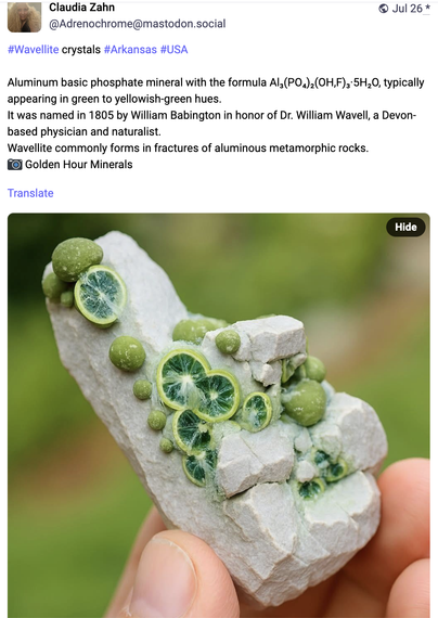 Wavellite from Arkansas, USA, looking like small slices of lime.
Photo from Golden Hour Minerals