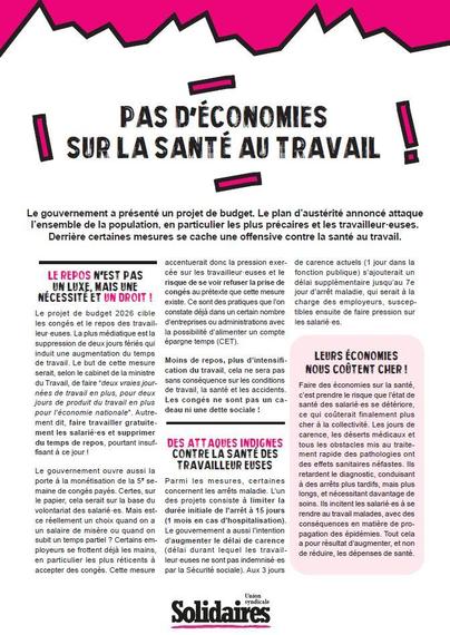 Tract de l'Union Solidaires dénonçant la non prise en compte de la santé des salariés par les budgets des divers gouvernements.