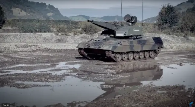 A screenshot from a Rheinmetall promotional video showing off the Skyranger mobile air defense system (Rheinmetall)