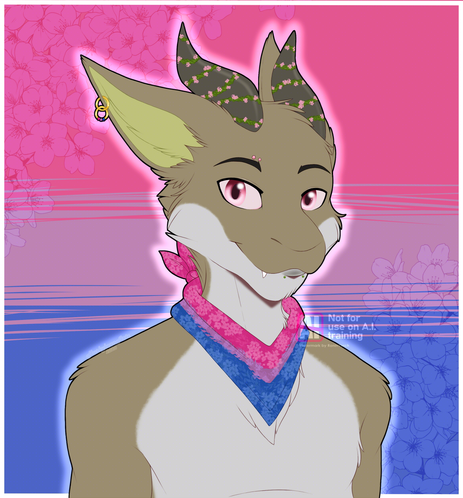A flat colored bust of a light olive, silver, and green fluffy plant dragon wearing a floral bandanna resembling the bisexual flag.