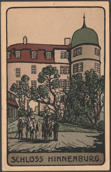 Printed colour postcard showing an art deco style illustration of the Schloss Hinnenburg at Brakel in Germany.

Published by Emil Ruthe, Brakel, not numbered.

Postally used on 15 April 1929 with large oval Münster cancellations on three green 5 pfennig Hindenburg stamps and sent to Miss Chaston, Waveney House, Great Shelford, Cambridge, England.

Fairly good condition, with slight corner bumps, but very light crease to bottom right corner and small pinhole to centre of top edge.