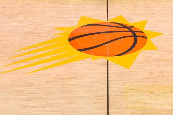 Feb 27, 2025; Phoenix, Arizona, USA; A general view of the Phoenix Suns logo on the court before a game against the New Orleans Pelicans at Footprint Center. Mandatory Credit: Brett Davis-Imagn Images
