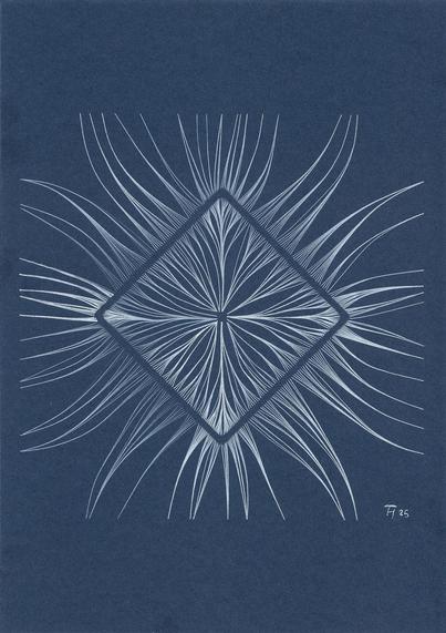 White tendrils grow towards a square standing on it's tip from the outside as well as from the inside. They branch out towards it so are the most dense at the border and by that, make it visible as an empty space. 
White ballpen on A4 slate cardboard.