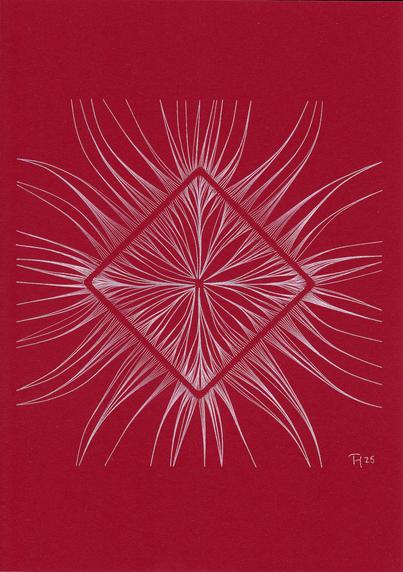 White tendrils grow towards a square standing on it's tip from the outside as well as from the inside. They branch out towards it so are the most dense at the border and by that, make it visible as an empty space. 
White ballpen on A4 dark red cardboard.