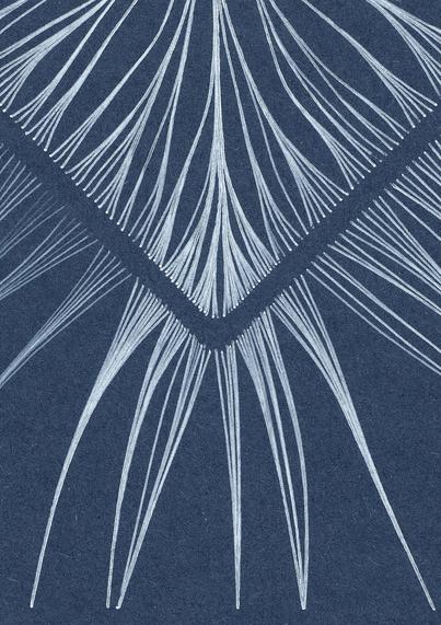 White tendrils grow towards a square standing on it's tip from the outside as well as from the inside. They branch out towards it so are the most dense at the border and by that, make it visible as an empty space. 
White ballpen on A4 slate cardboard. Detail view on one corner of the print.