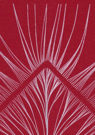 White tendrils grow towards a square standing on it's tip from the outside as well as from the inside. They branch out towards it so are the most dense at the border and by that, make it visible as an empty space. 
White ballpen on A4 dark red cardboard. Detail view on one corner of the print, showing the strokes and their texture.