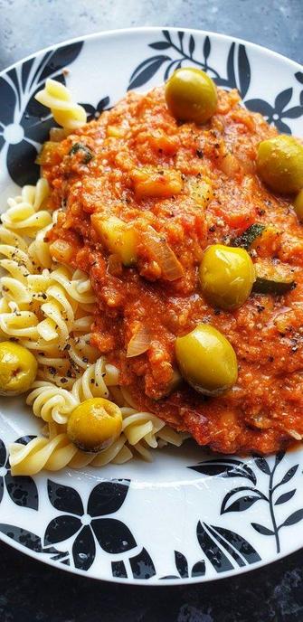 Fusilli pasta w/ red lentil & vegetable sauce.