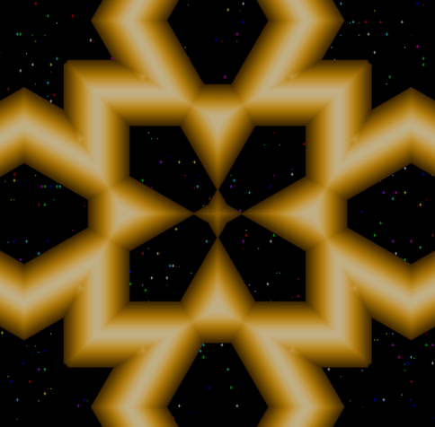 Giant structure of solid gold bars networked together in a symmetrical pattern, in front of a black background full of stylized stars made from colored plus and dot characters