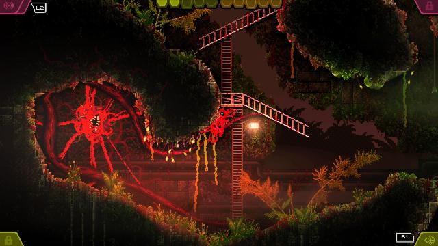 Screenshot aus dem Game Carrion, auf dem ein rotes Monster mit Tentakeln zu sehen ist.