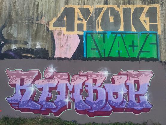 Multicoloured graffiti artwork on a grey wall: the word “rimboe” - Dutch word for jungle - in stylised capital letters, approximately 2 metres high and 5 metres wide. From top to bottom in layers of dark blue, light blue, pink, red/brown, with small figures drawn in it and bling stars.

Above it, two more pieces spell out ‘4.YOK1’ and ‘chaos’ in capital letters. The first in black capital letters, outlined in yellow. The second in green capital letters in the shape of triangles, black lines, narrow blue background. Furthermore, some remnants of older work and grey wall.