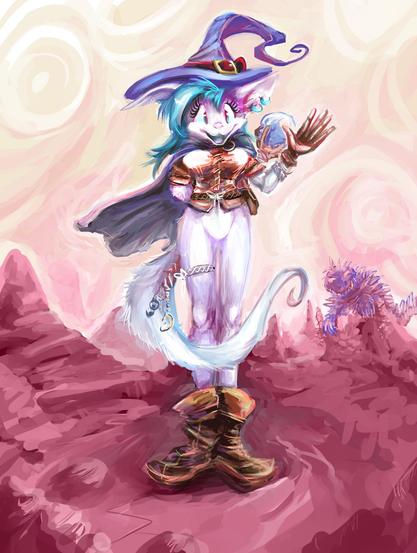 anthropomorphic creature of unspecified type wearing a blue wizard hat and partial adventurer style garb waves dorkily at the viewer in a red rock-based environment
