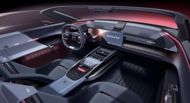 Interni futuristici di un'auto concept, colore blu, vista dall'alto, con ampio display multimediale e volante moderno.