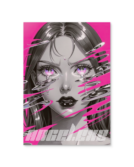 A digital Chromecore cyberpunk-style artwork of a girl with long dark hair, glowing neon pink eyes, and bold black lips, surrounded by swirling glitch-like streaks of pink and chrome accents.