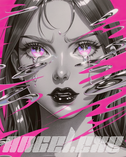 Close-up of a digital Chromecore cyberpunk-style artwork of a girl with long dark hair, glowing neon pink eyes, and bold black lips, surrounded by swirling glitch-like streaks of pink and chrome accents.
