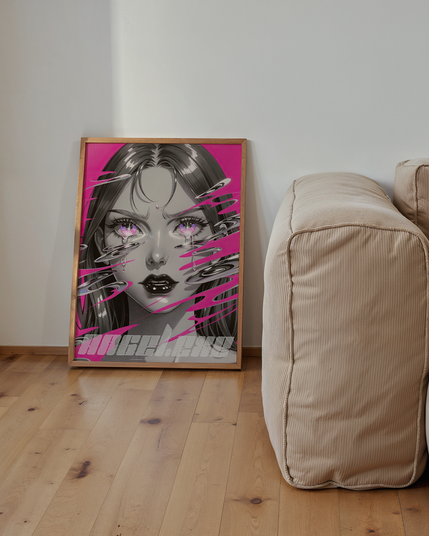 A framed Chromecore cyberpunk anime-inspired artwork leaning against a white wall next to a beige sofa on a wooden floor, blending modern interior decor with bold neon art.