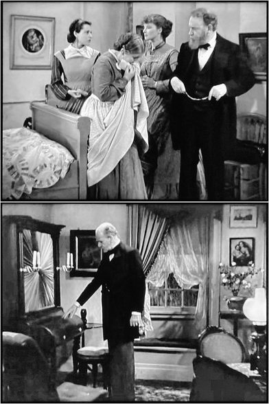 Collage di due fotogrammi del film “Piccole donne” in cui si vedono 1) tre donne e un uomo in piedi a fianco a un letto 2) un uomo in piedi a fianco a un pianoforte; sui muri retrostanti sono esposte delle riproduzioni di dipinti di Raffaello Sanzio.