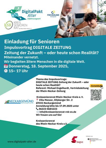 Plakat zur Veranstaltung am 18.9. um 15 Uhr in der Villa Menzer in Neckargemünd - Anmeldung unter 06223 8611223 und info@kreisseniorenrat-rnk-ev.de