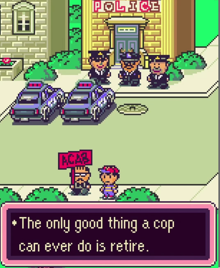 8-bit game like drawing of a person holding an ACAB sign standing in front of a police station, captioned "the only good thing a cop can ever do is retire"