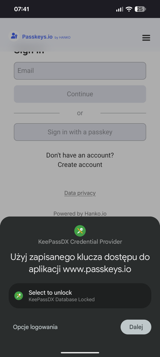 Zrzut ekranu prezentujący działanie logowania poprzez passkeys